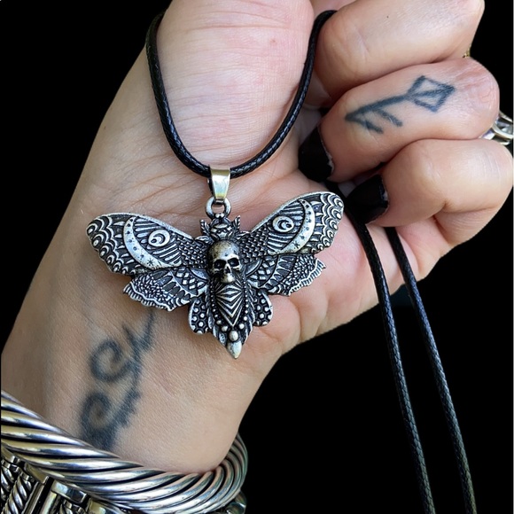 Moth with moon and skull design pewter necklace on leather cord boho goth - Picture 9 of 15